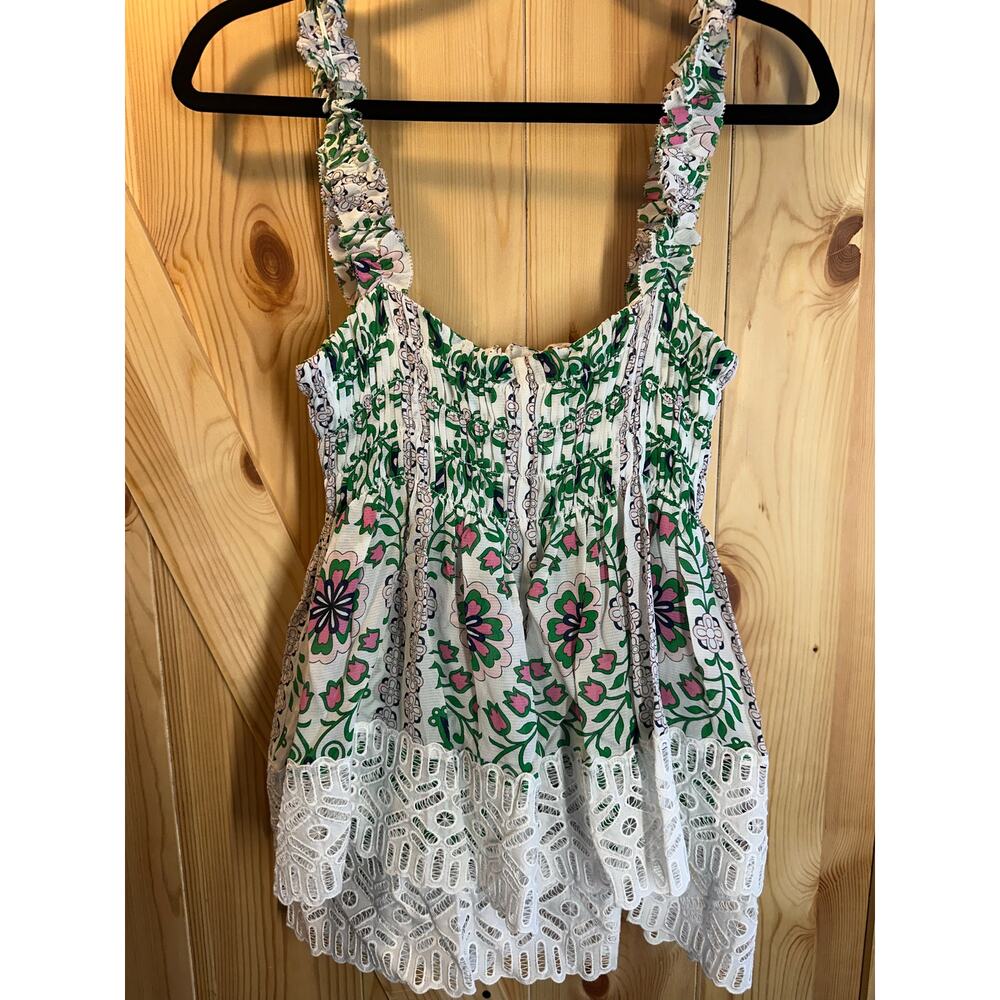 Tory Burch Floral Smocked Lace Trim Tank Top - Size 12